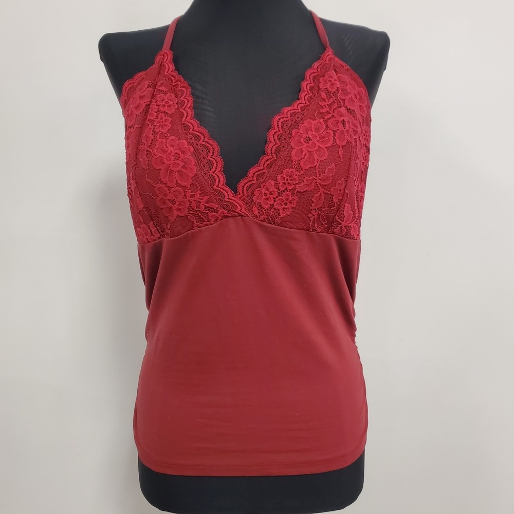 Romwe Women Y2K Babydoll Fairy Coquette Halter Top Size L Red Preppy 90S Stretch